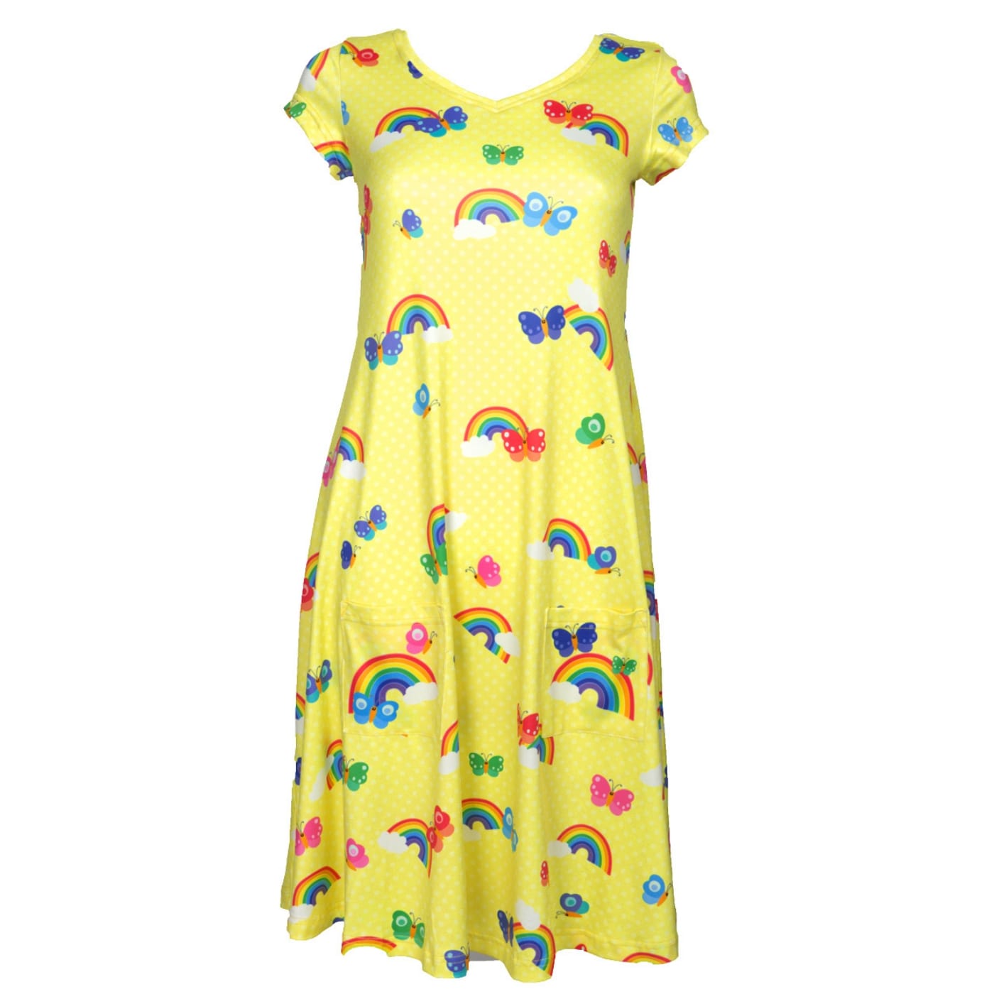 Sunshine Tunic Dress by RainbowsAndFairies.com.au (Yellow Polka Dot - Butterflies - Rainbows - Clouds - Vintage Inspired - Kitsch - Dress With Pockets) - SKU: CL_TUNDR_SUNSH_ORG - Pic-01