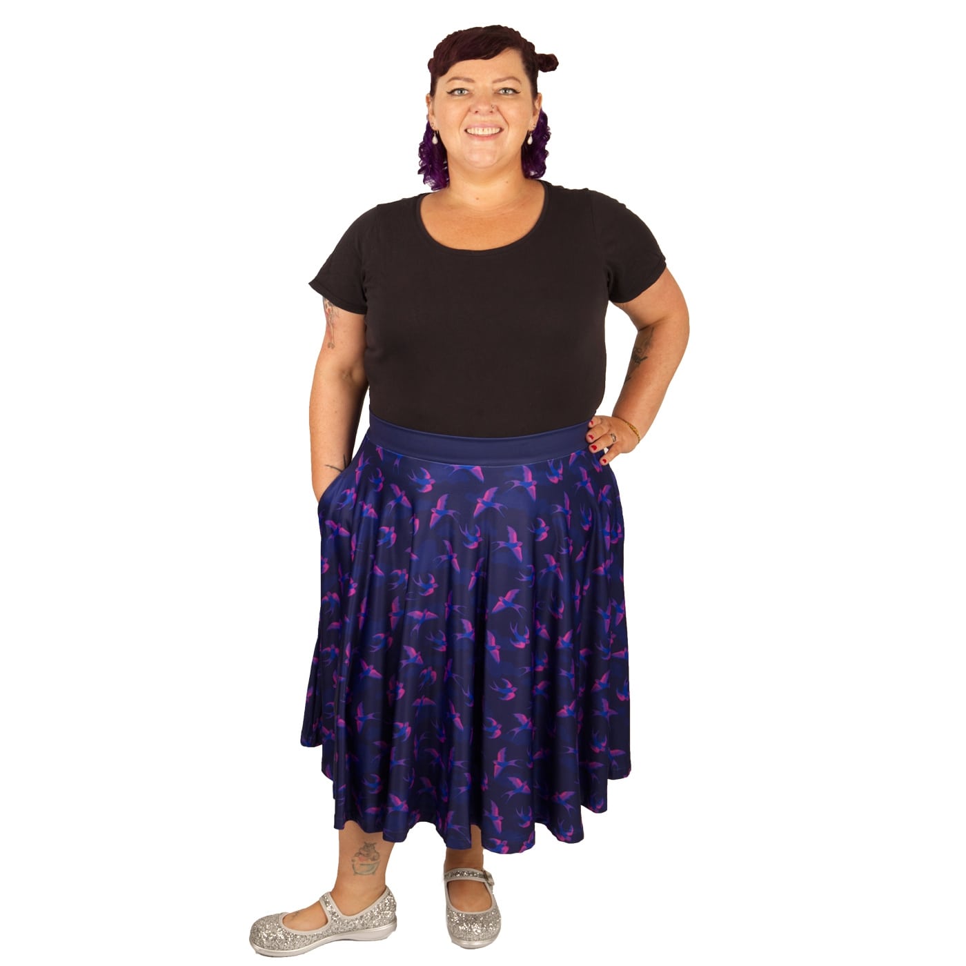 Swoop Swishy Skirt by RainbowsAndFairies.com.au (Swallows - Birds - Purple - Blue - Vintage Inspired - Kitsch - Skirt With Pockets - Circle Skirt) - SKU: CL_SWISH_SWOOP_ORG - Pic-07