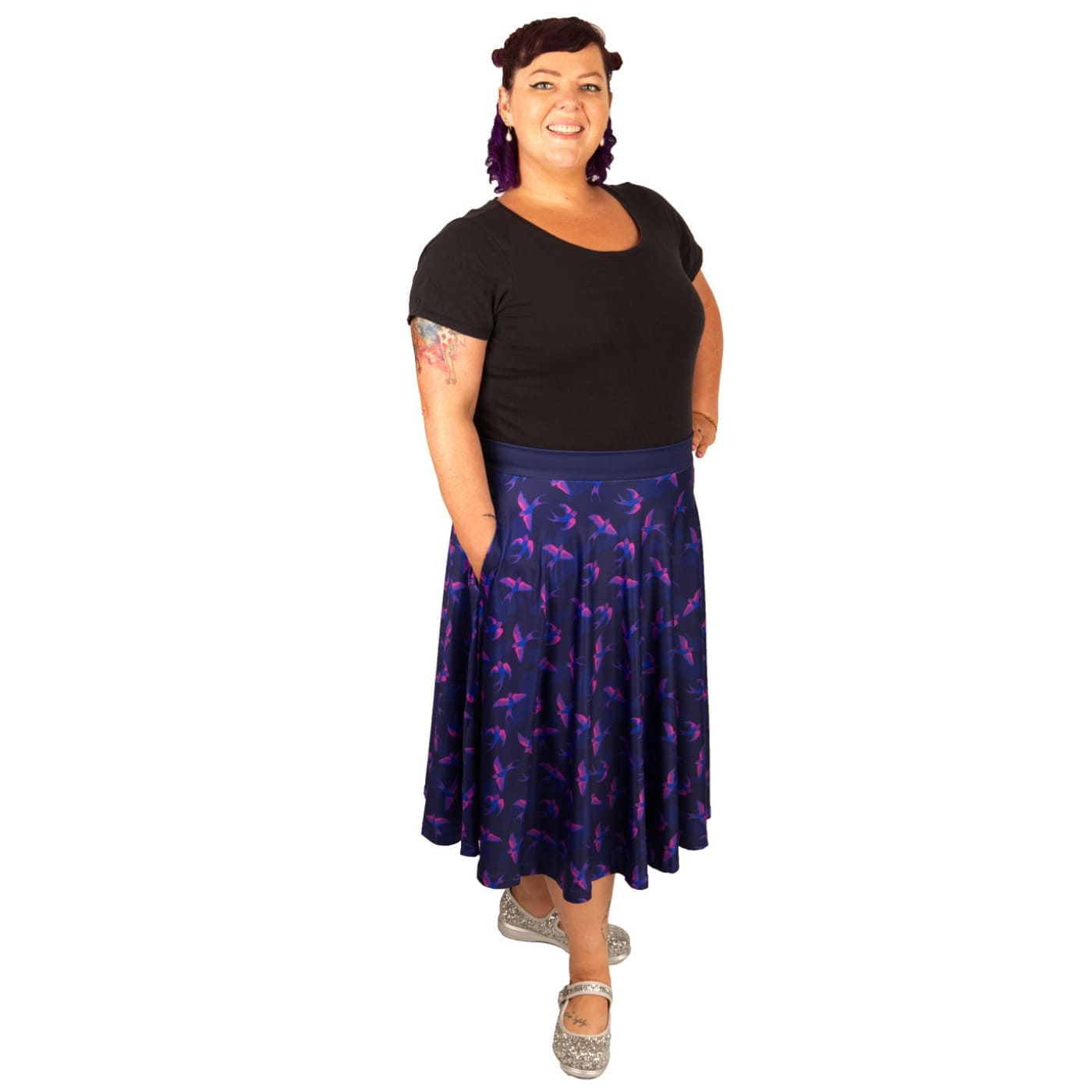 Swoop Swishy Skirt by RainbowsAndFairies.com.au (Swallows - Birds - Purple - Blue - Vintage Inspired - Kitsch - Skirt With Pockets - Circle Skirt) - SKU: CL_SWISH_SWOOP_ORG - Pic-08