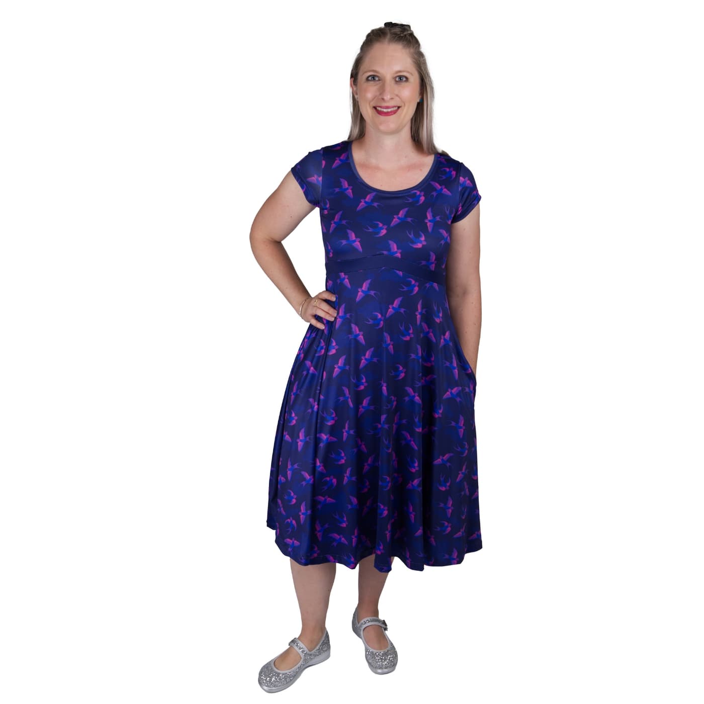 Swoop Tea Dress by RainbowsAndFairies.com.au (Swallows - Birds - Purple - Blue - Kitsch - Dress With Pockets - Vintage Inspired) - SKU: CL_TEADR_SWOOP_ORG - Pic-04