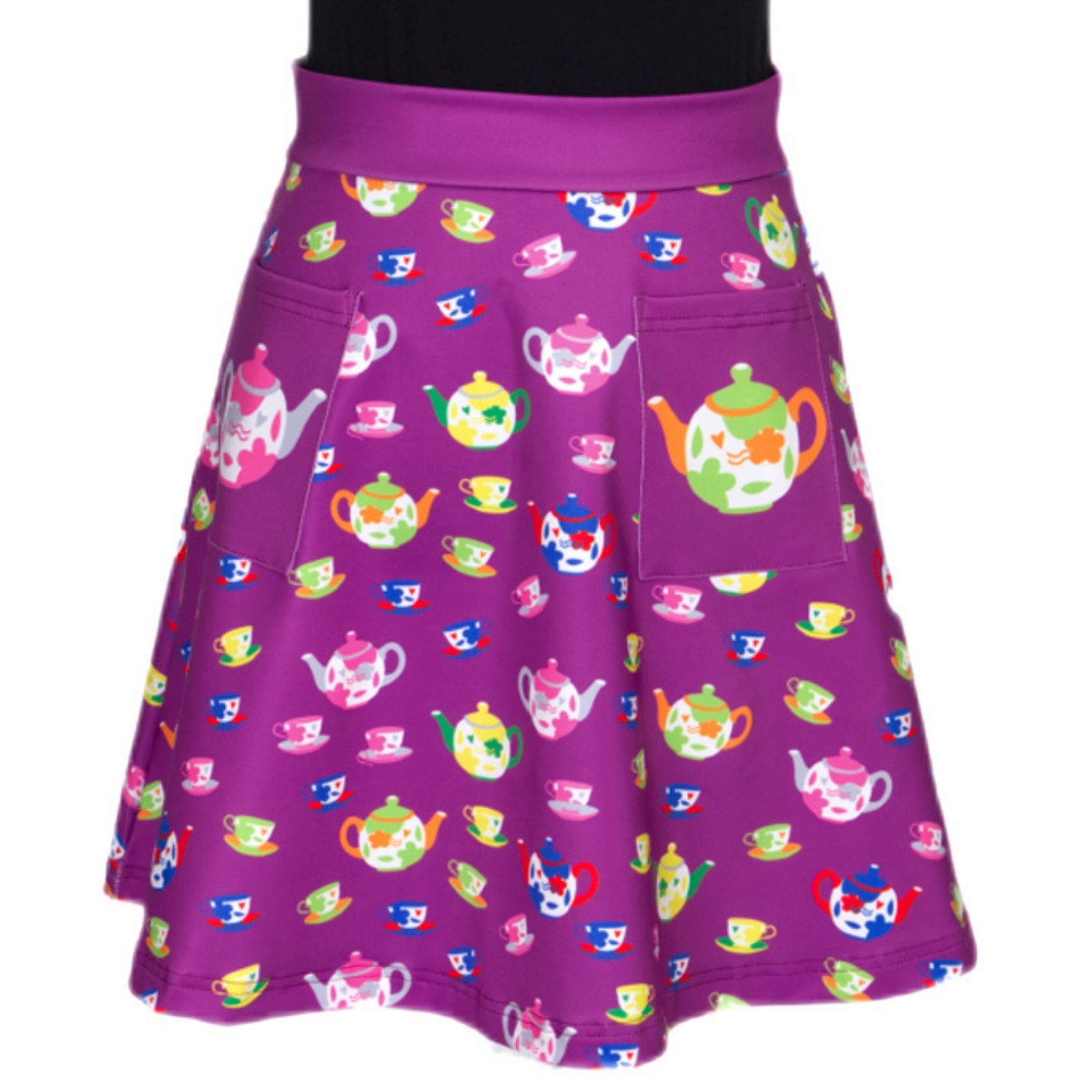 Tea Party Short Skirt by RainbowsAndFairies.com.au (Teacup - Teapot - Alice In Wonderland - Kitsch - Aline Skirt With Pockets - Vintage Inspired) - SKU: CL_SHORT_TEAPA_ORG - Pic-02