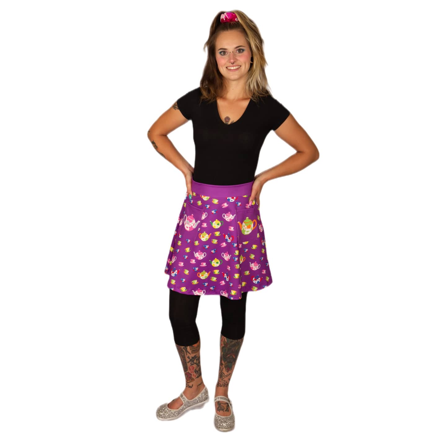 Tea Party Short Skirt by RainbowsAndFairies.com.au (Teacup - Teapot - Alice In Wonderland - Kitsch - Aline Skirt With Pockets - Vintage Inspired) - SKU: CL_SHORT_TEAPA_ORG - Pic-03
