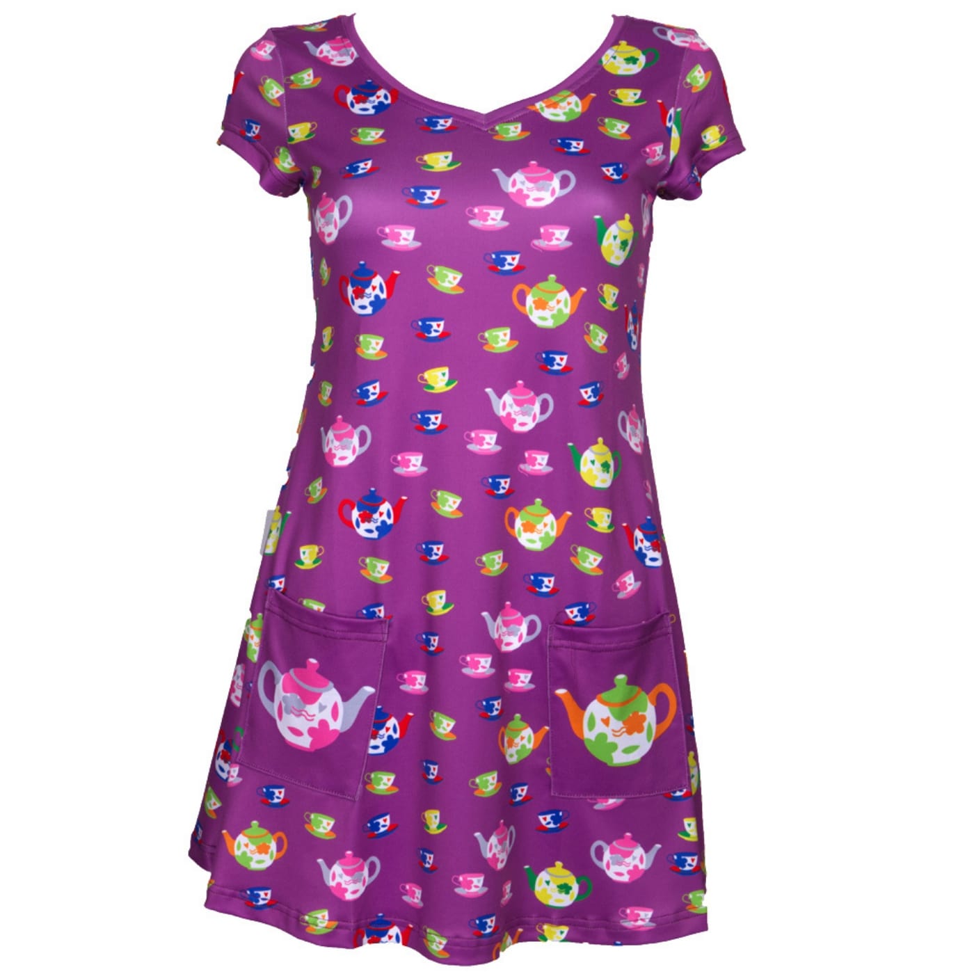 Tea Party Tunic Top by RainbowsAndFairies.com.au (Tea Cup - Teapot - Alice In Wonderland - Purple - Vintage Inspired - Kitsch - Top With Pockets) - SKU: CL_TUNIC_TEAPA_ORG- Pic-01