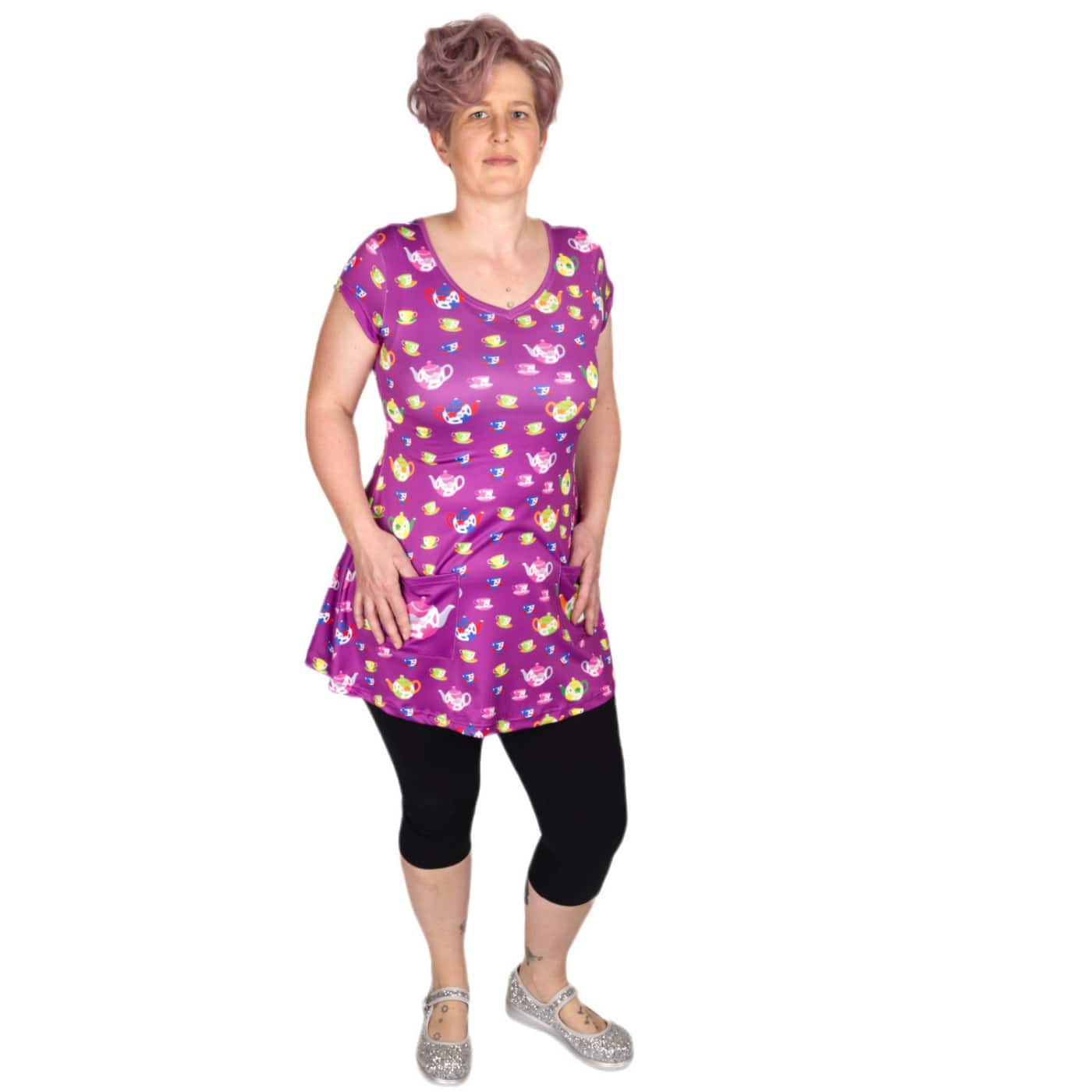 Tea Party Tunic Top by RainbowsAndFairies.com.au (Tea Cup - Teapot - Alice In Wonderland - Purple - Vintage Inspired - Kitsch - Top With Pockets) - SKU: CL_TUNIC_TEAPA_ORG- Pic-06