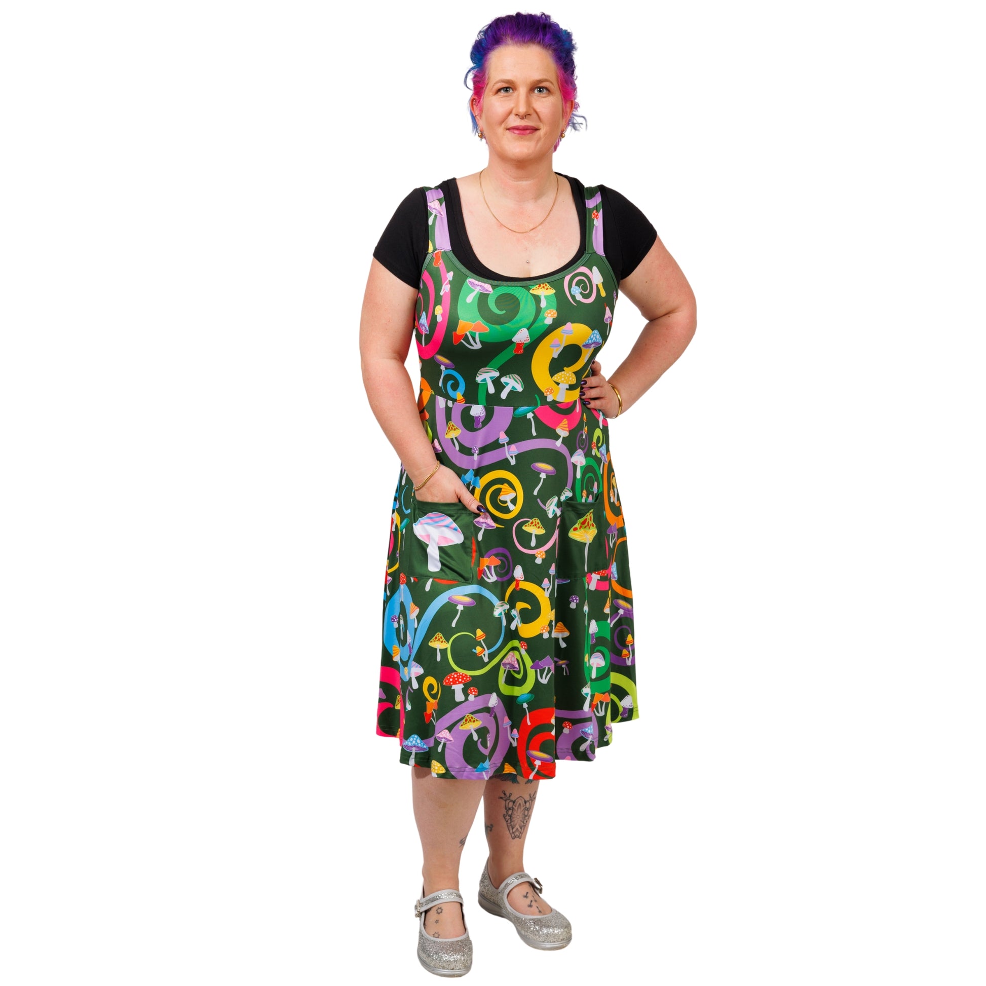 Toadstool Pinafore by RainbowsAndFairies.com.au (Mushroom - Psychedelic Swirl - Woodstock - Vintage Inspired - Dress With Pockets) - SKU: CL_PFORE_TOADS_ORG - Pic-01