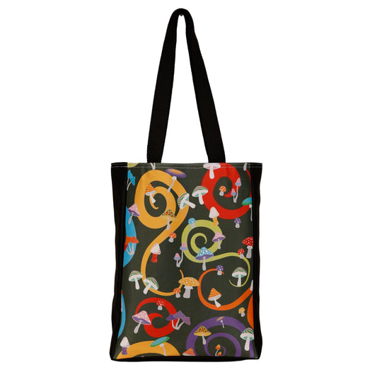 Toadstool Tote Bag by RainbowsAndFairies.com (Mushroom - Psychedelic Swirls - Handbag - Shoulder Bag - Carry All - Vintage Inspired - Kitsch) - SKU: BG_TOTES_TOADS_ORG - Pic 01