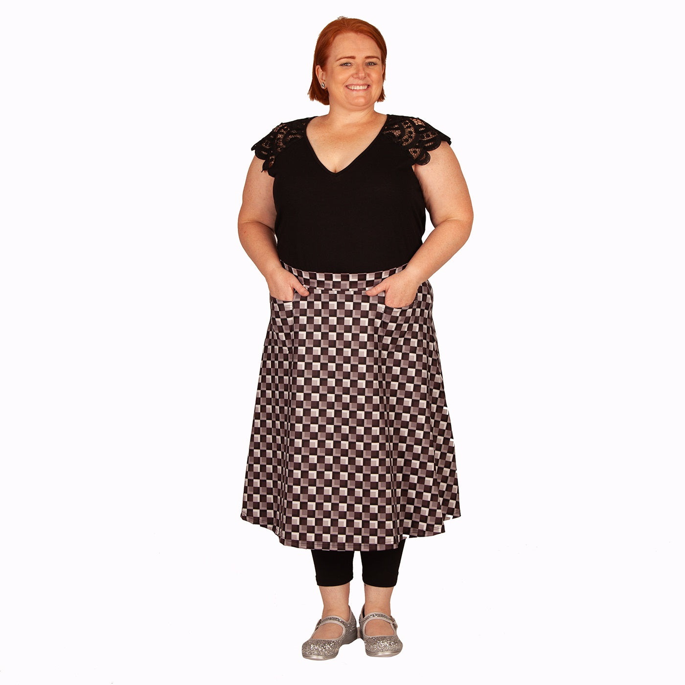 Too Square Original Skirt by RainbowsAndFairies.com (Black White Grey Check - Monochrome - Stripes - Skirt With Pockets - Aline Skirt - Vintage Inspired - Rock & Roll) - SKU: CL_OSKRT_TOOSQ_ORG - Pic 05