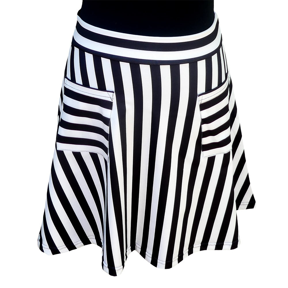 Zebra Short Skirt by RainbowsAndFairies.com (Black & White - Stripes - Monochrome - Skirt With Pockets - Aline Skirt - Cute Flirty - Vintage Inspired) - SKU: CL_SHORT_ZEBRA_ORG - Pic 01